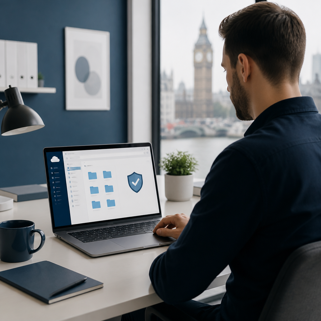Small business owner in a London office reviewing cloud file storage on a laptop to plan business continuity IT.