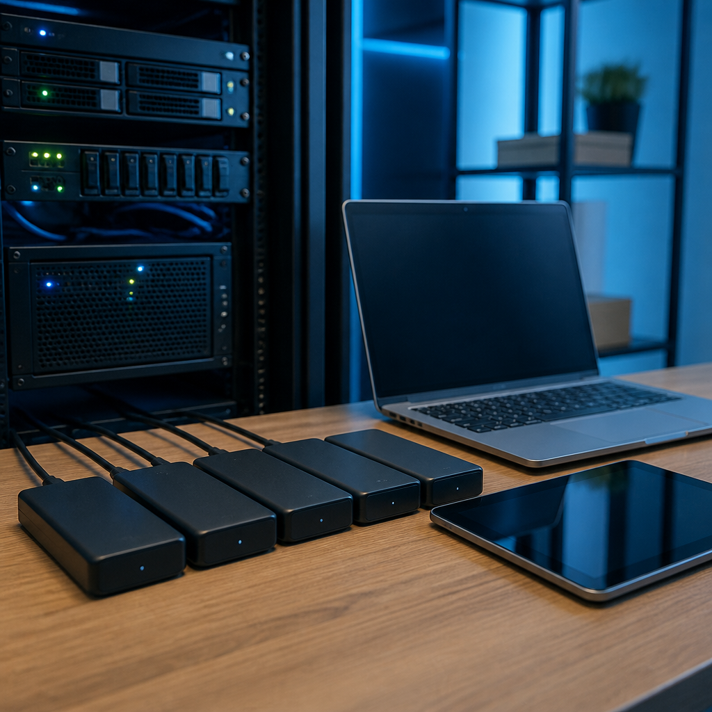 Rack of backup hardware and external drives representing business data backup for a small London company.