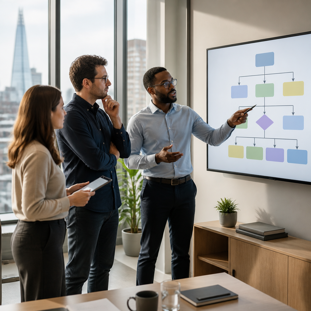 Team of three planning an IT disaster recovery workflow together in a bright London office meeting room.