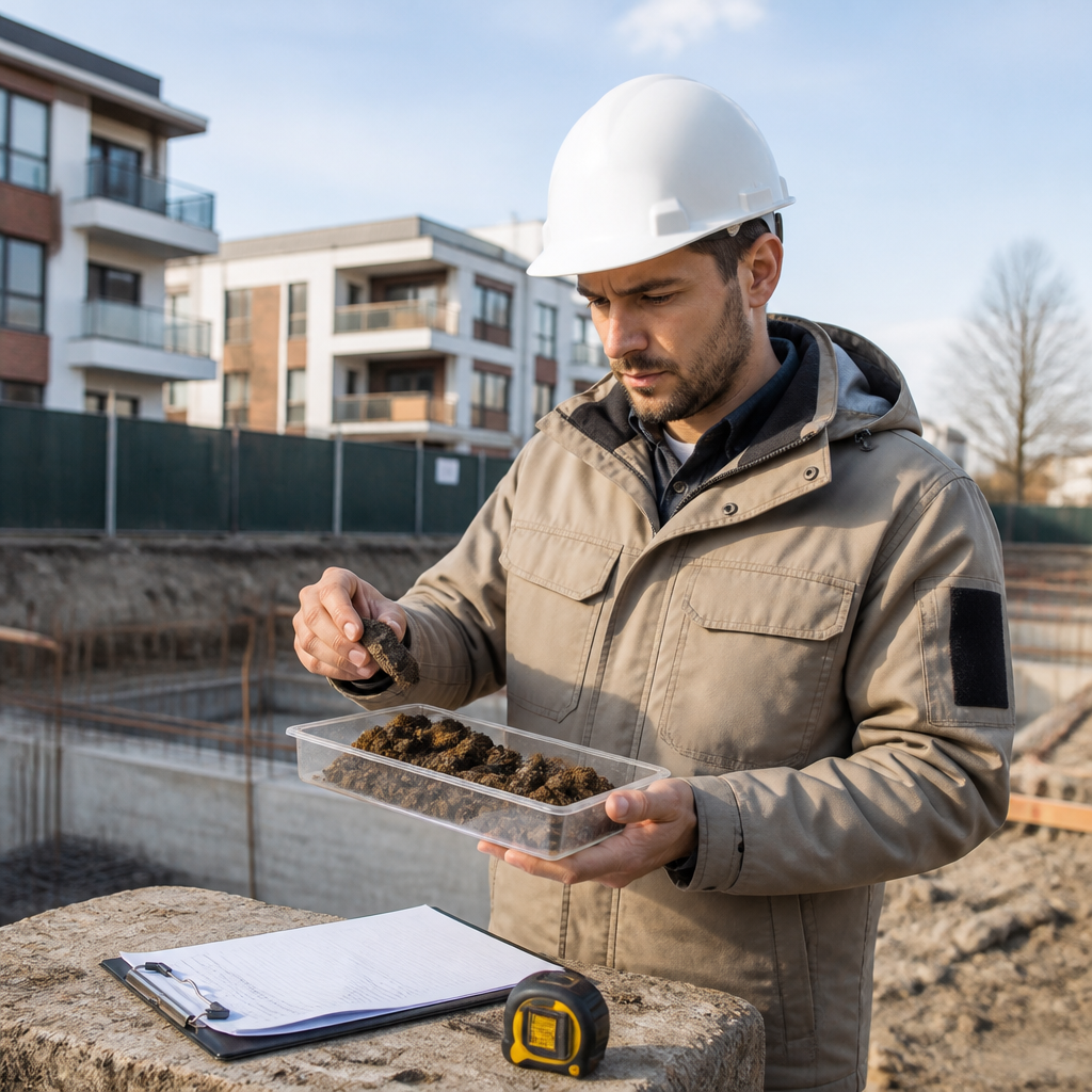 Expert en géotechnique examinant des échantillons de sol près d'un chantier voisin, lors d'une expertise bâtiment.