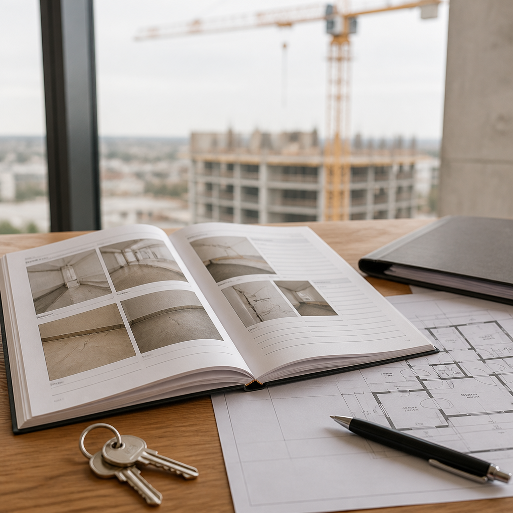 Dossier de constat et plans d'un bâtiment posés sur une table, illustrant la responsabilité construction et un litige voisinage.
