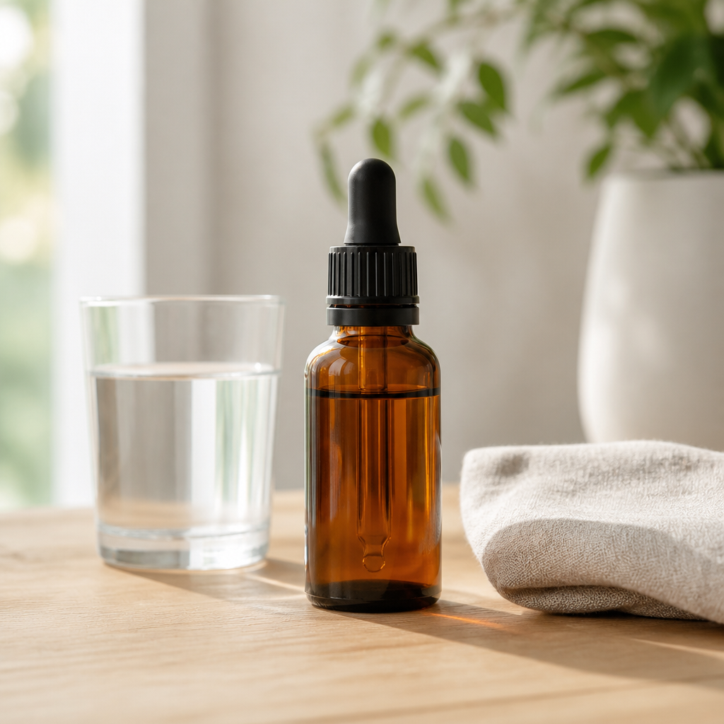 Plain amber bottle of liquid chondroitin supplement with dropper on a wooden table, illustrating joint cartilage support in India