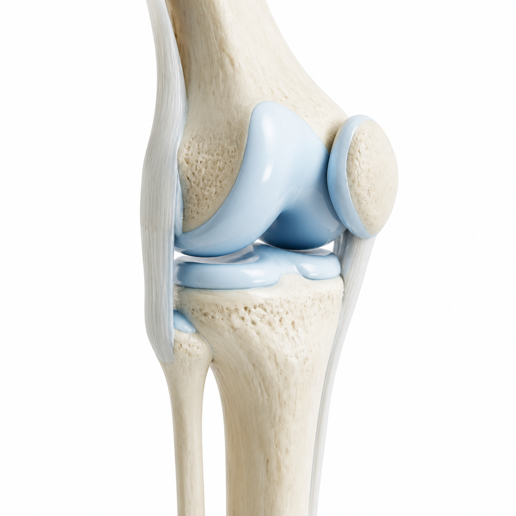 Cross-section model of a knee joint showing the smooth cartilage layer covering bone ends