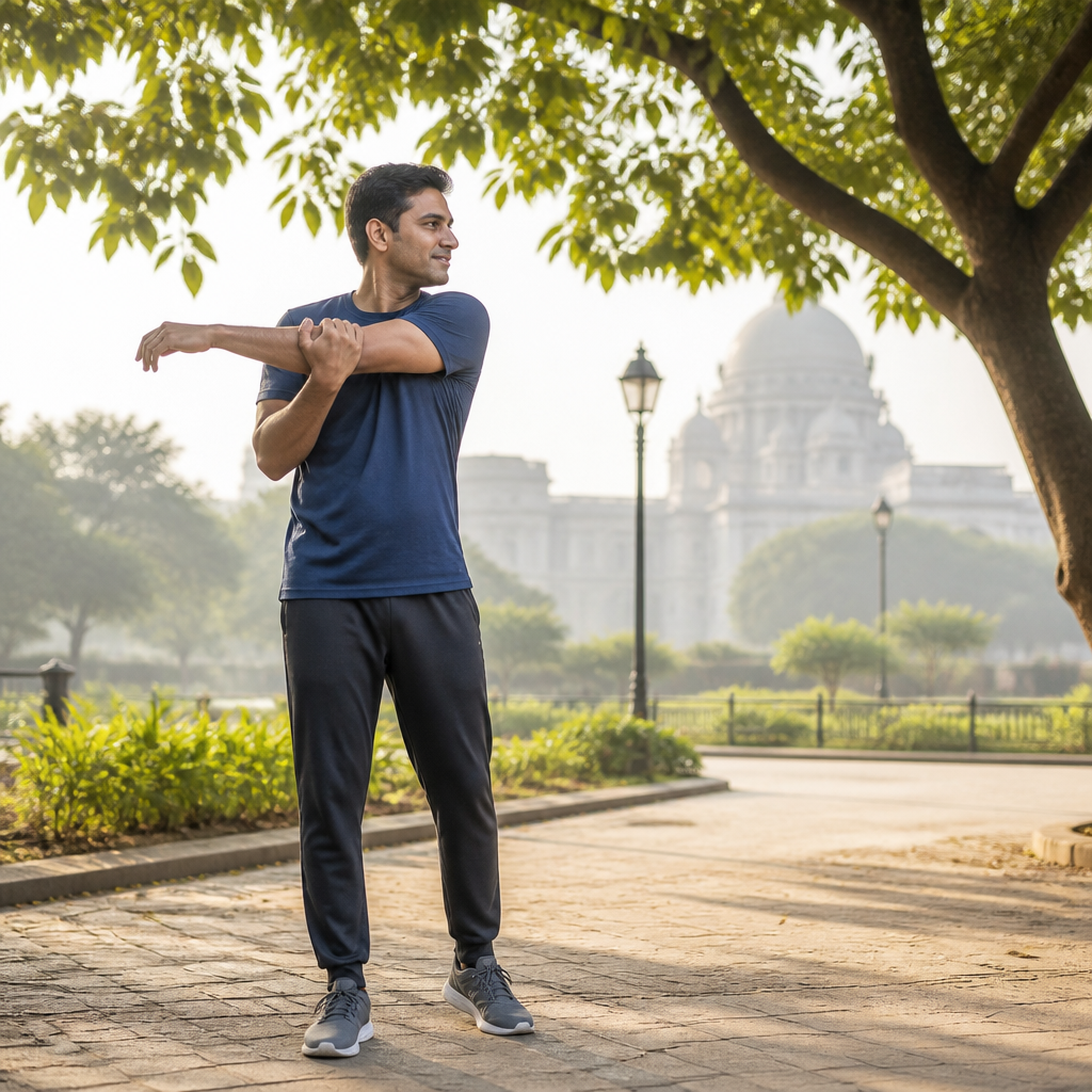 Active adult in athletic clothes stretching outdoors in the morning, representing daily joint mobility