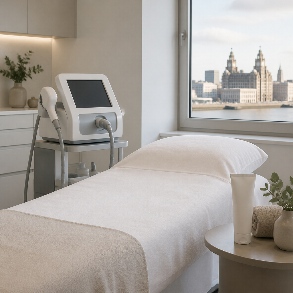 Bright treatment room at a Liverpool laser hair removal clinic with a laser device and a plain tube of numbing cream on a side table.