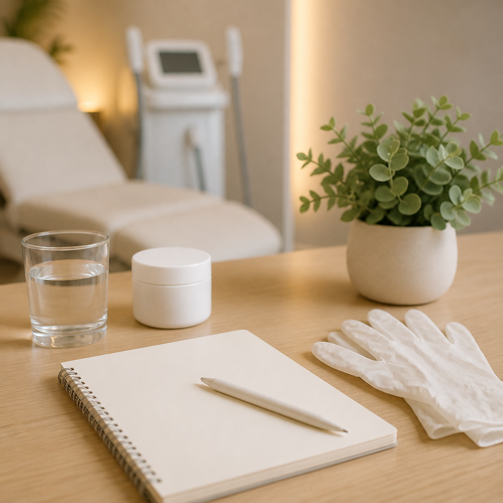 Desk setup with a notepad, water glass and plain cream jar, representing a laser hair removal consultation.