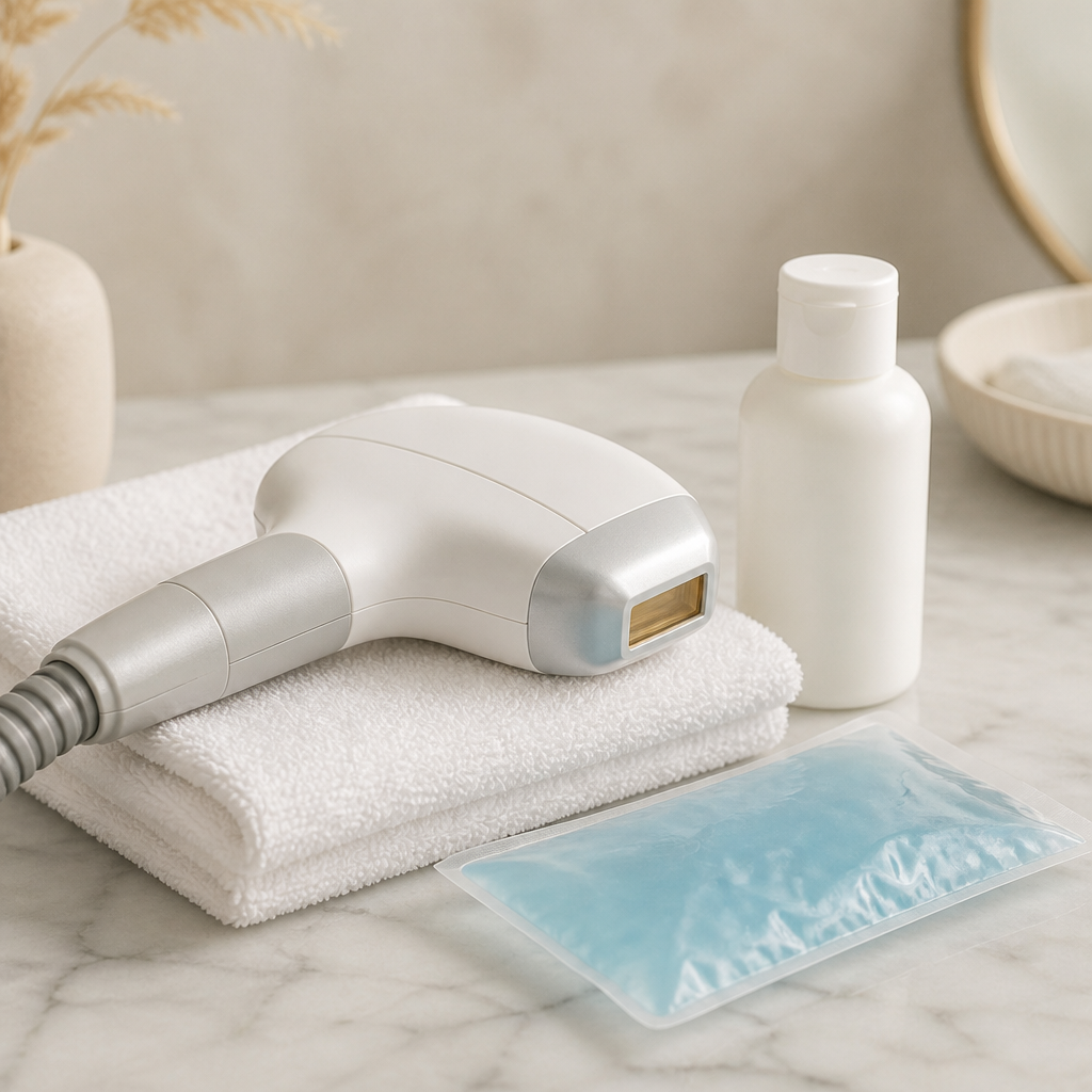 Laser handpiece, cooling gel pack and plain cream bottle arranged on a towel, showing comfort options for laser treatment.