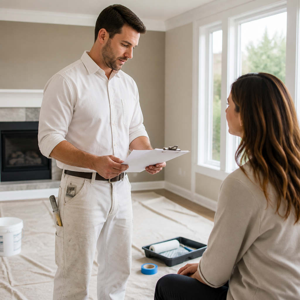 Painting contractor reviewing a written estimate with a homeowner in a freshly painted Abbotsford living room.
