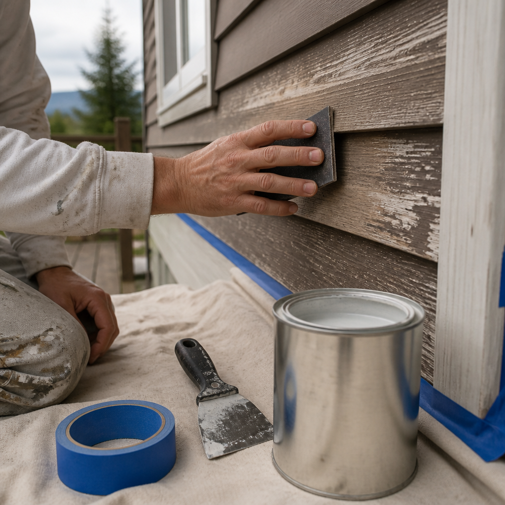 Painter sanding and prepping weathered exterior siding before a repaint on a Surrey home.
