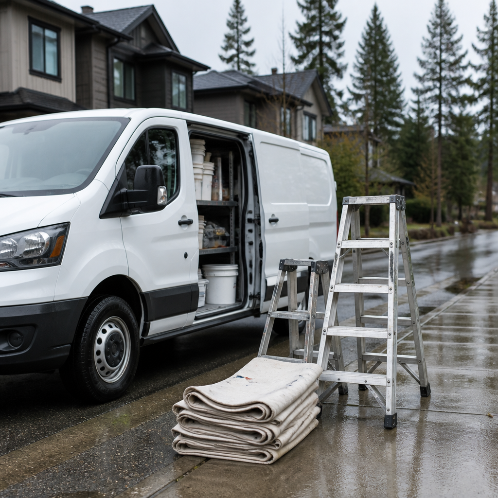 Tidy painting contractor van with ladders parked on a residential street in Langley on an overcast day.