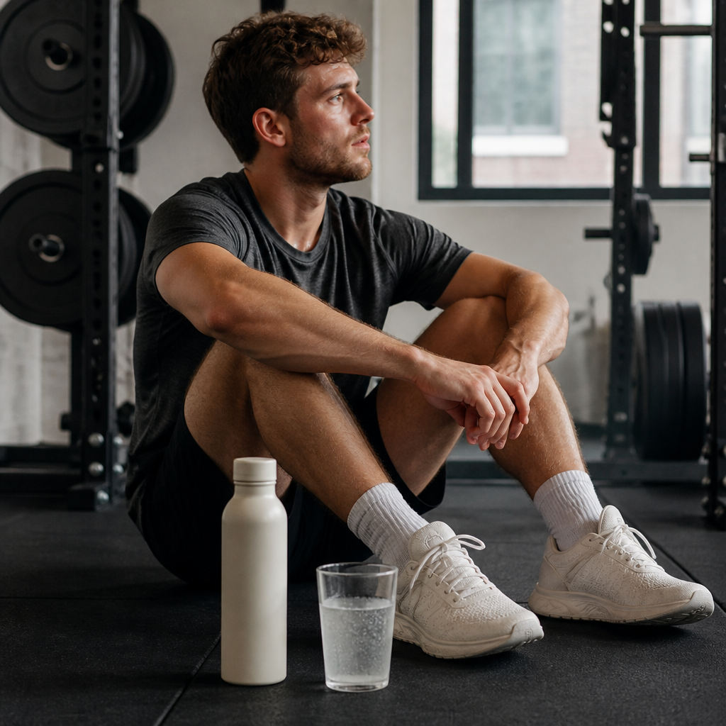 Gym-goer resting between sets beside a plain water bottle and electrolyte drink in a UK weight training gym