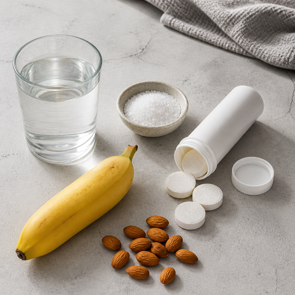 Flat-lay of sea salt, banana, almonds and water representing sodium, potassium and magnesium for strength training hydration