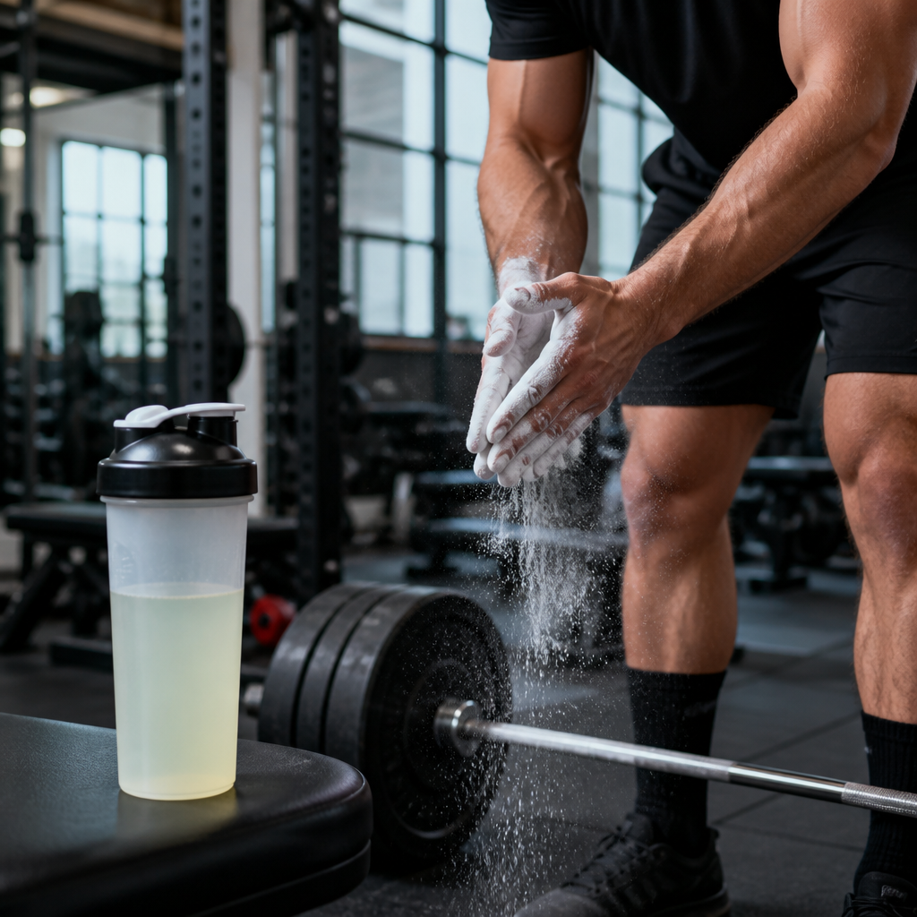 Lifter chalking hands before a barbell deadlift with an electrolyte shaker bottle on a gym bench