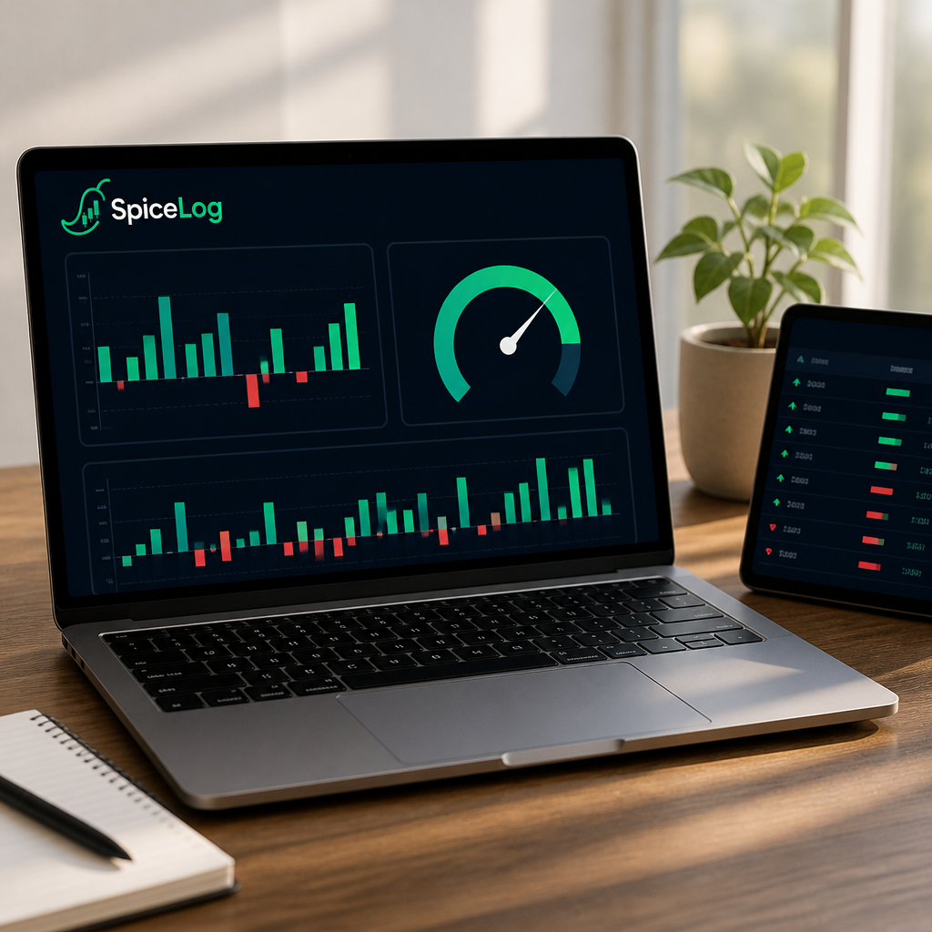 Laptop showing a SpiceLog trading journal with analytics charts used to review profit factor from trade history