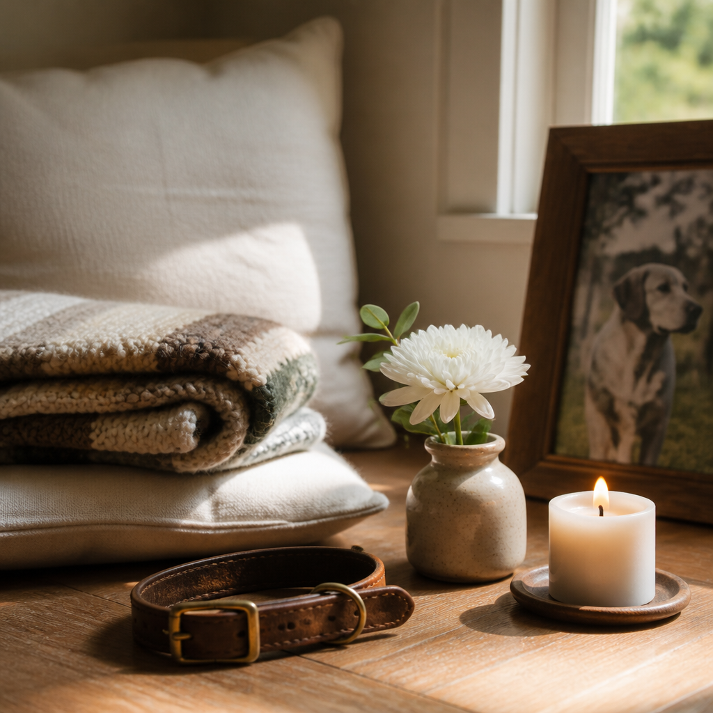 Home pet memorial corner with a folded blanket, a white flower in a ceramic vessel, and a candle in soft morning light.