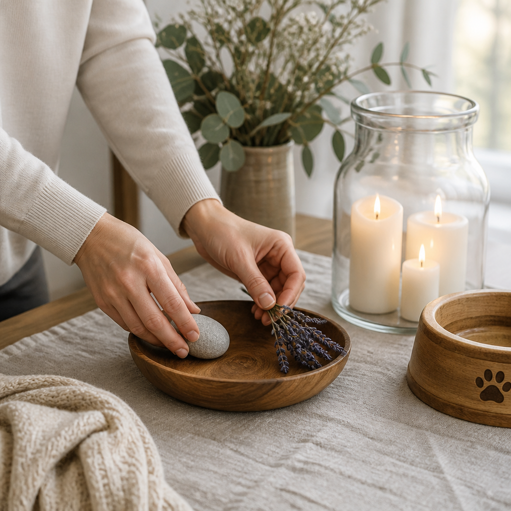 Hands placing a stone and lavender sprig into a wooden bowl during a quiet at-home pet remembrance ritual.