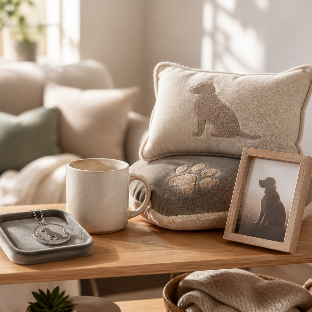 Sunlit shelf with a pendant, ceramic mug, and soft keepsake pillows arranged as a pet remembrance display.