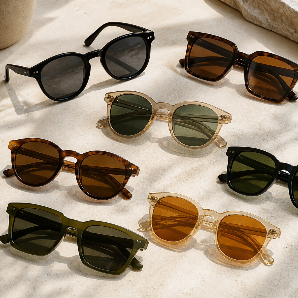 Sunglasses with gray, brown, green and amber lenses arranged on a stone surface in soft daylight, showing a sunglass lens color guide.
