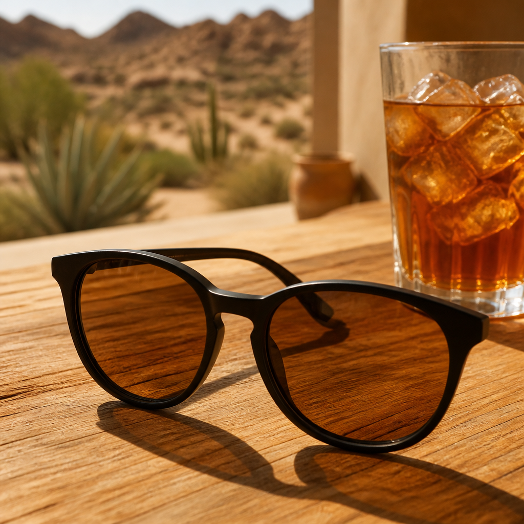 Close-up of brown-lensed sunglasses on a wooden table in warm sunlight, illustrating brown vs grey lens sunglasses Dubai.