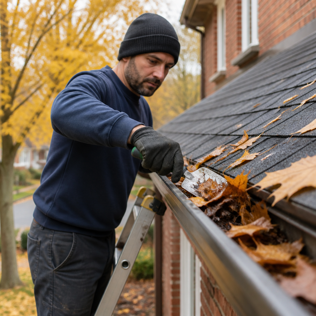 Worker clearing wet maple leaves from a metal eavestrough on a brick house in Hamilton during fall
