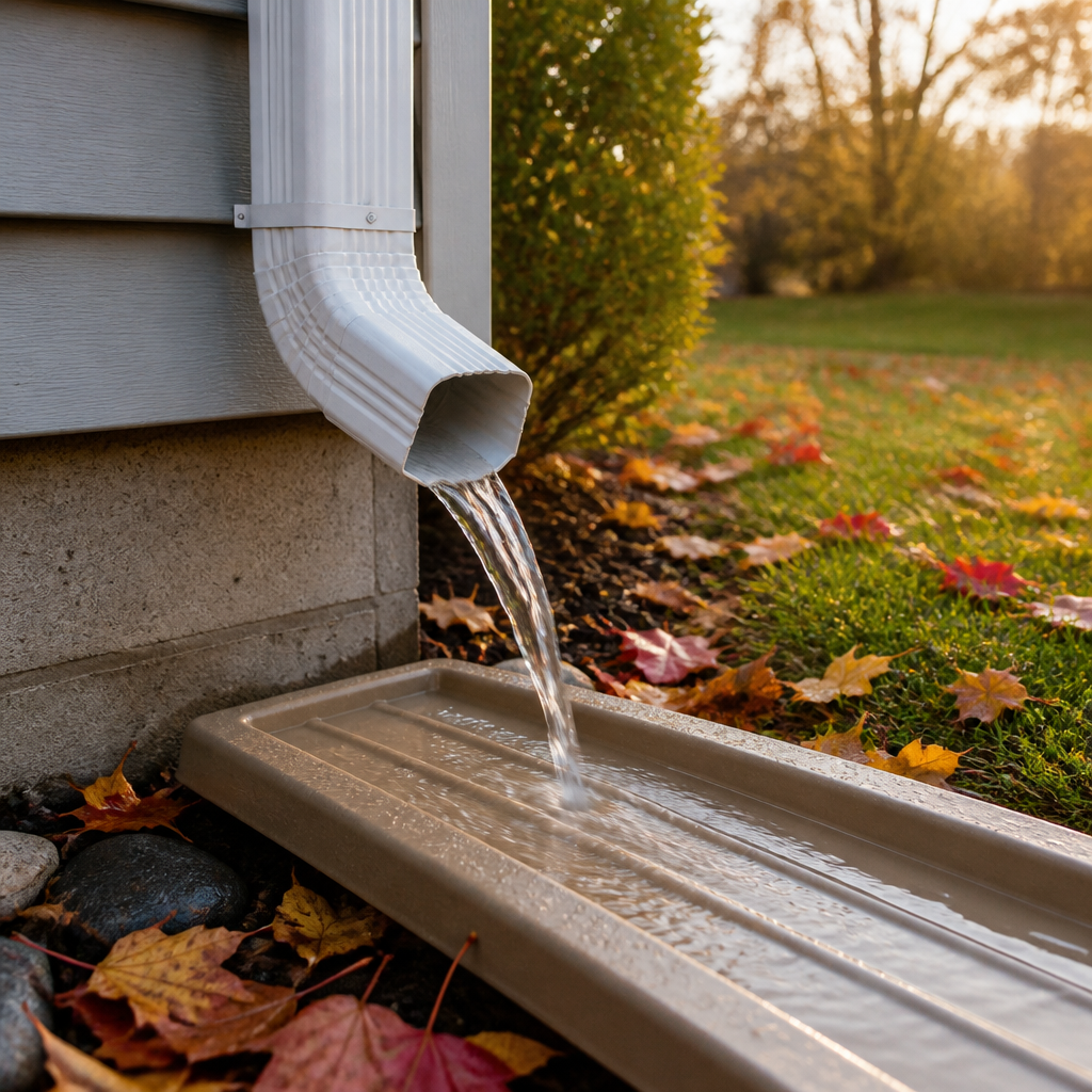 Clear downspout draining water onto a splash block beside an autumn lawn on an Ontario home