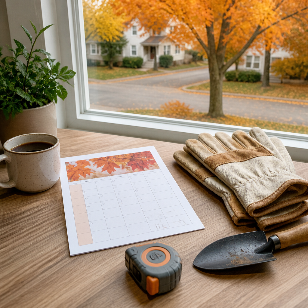 Fall home maintenance planning desk with work gloves, trowel, and calendar beside a window