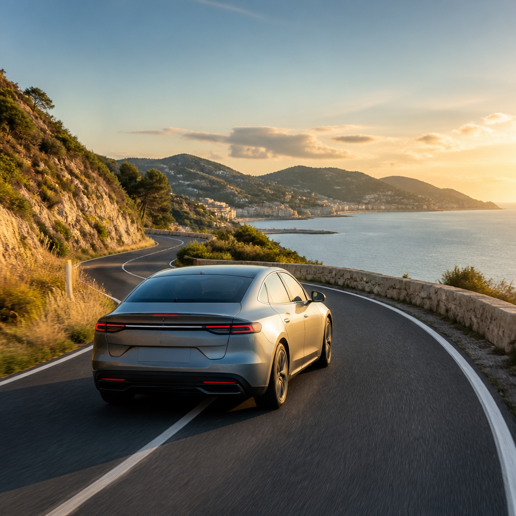 Electric car driving a scenic European coastal road, representing long-distance EV range and everyday trips.