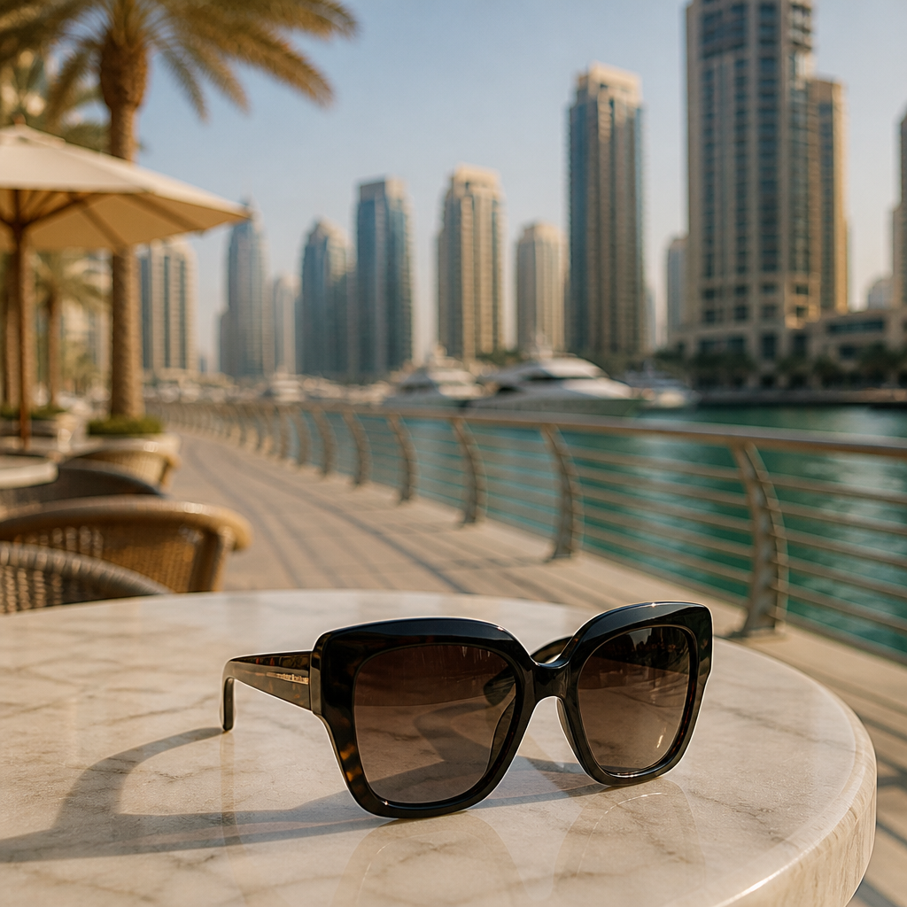 Oversized dark-lensed sunglasses resting on a marble café table with the Dubai Marina waterfront in the background