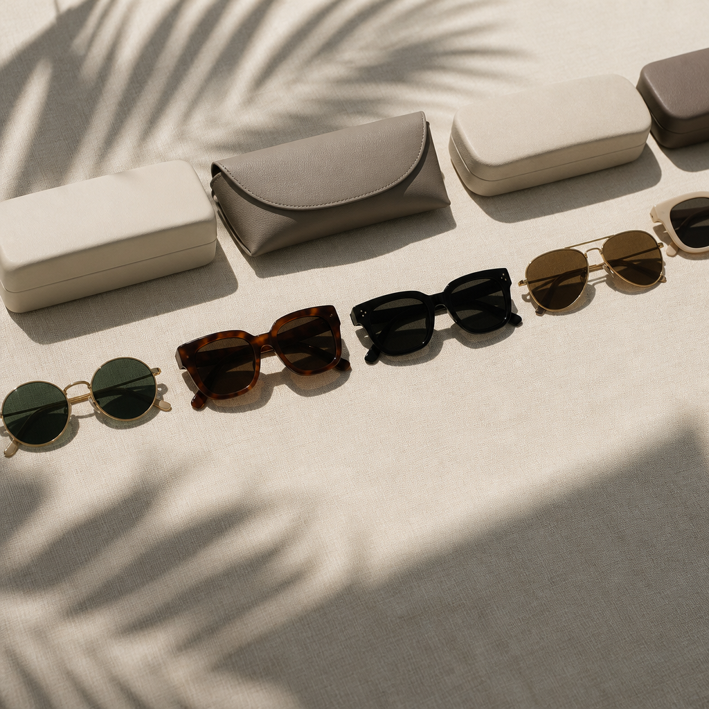 Flat-lay of round, square and aviator sunglasses arranged on sand-toned linen for a year-round rotation