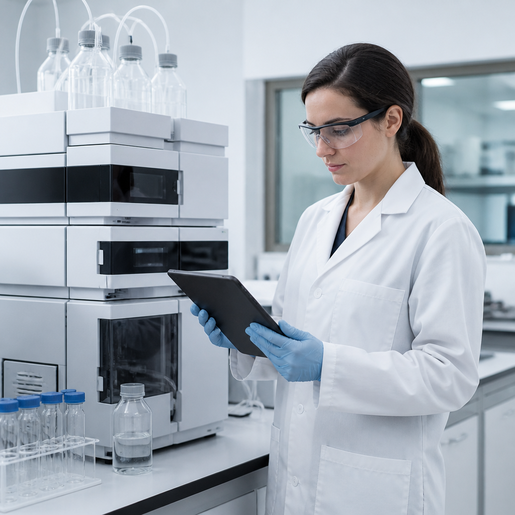 Lab technician reviewing a certificate of analysis beside a chromatography instrument in a research laboratory