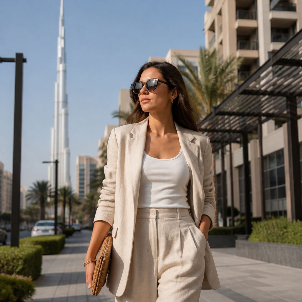 Woman in a tailored linen outfit wearing sunglasses while walking along a sunlit Dubai street