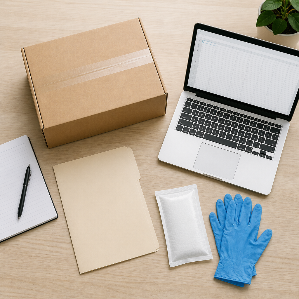 Flat-lay of a sealed shipping box, procurement folder and laptop on a desk for research peptide procurement Canada