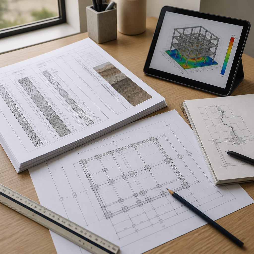 Plans de fondation, rapport de sondages et schémas d'analyse structurelle posés sur une table de bureau d'études.