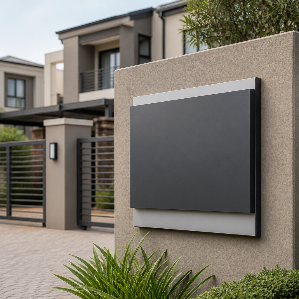 Professionally installed sign on a sectional title complex entrance wall in Gauteng, South Africa
