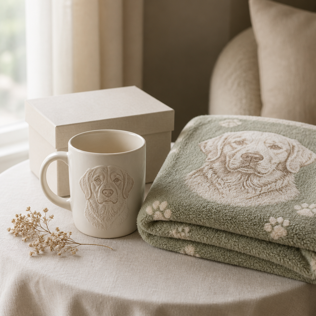 Personalized pet memorial mug and folded blanket arranged on a linen side table as a sympathy gift
