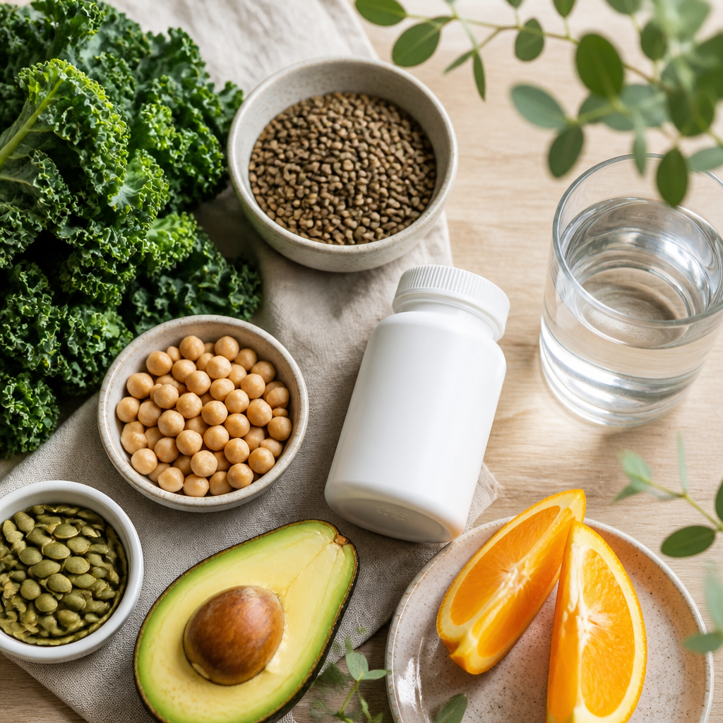 Plant-based foods like kale, lentils, chickpeas and seeds beside a plain supplement bottle, illustrating vegan micronutrients UK guidance.