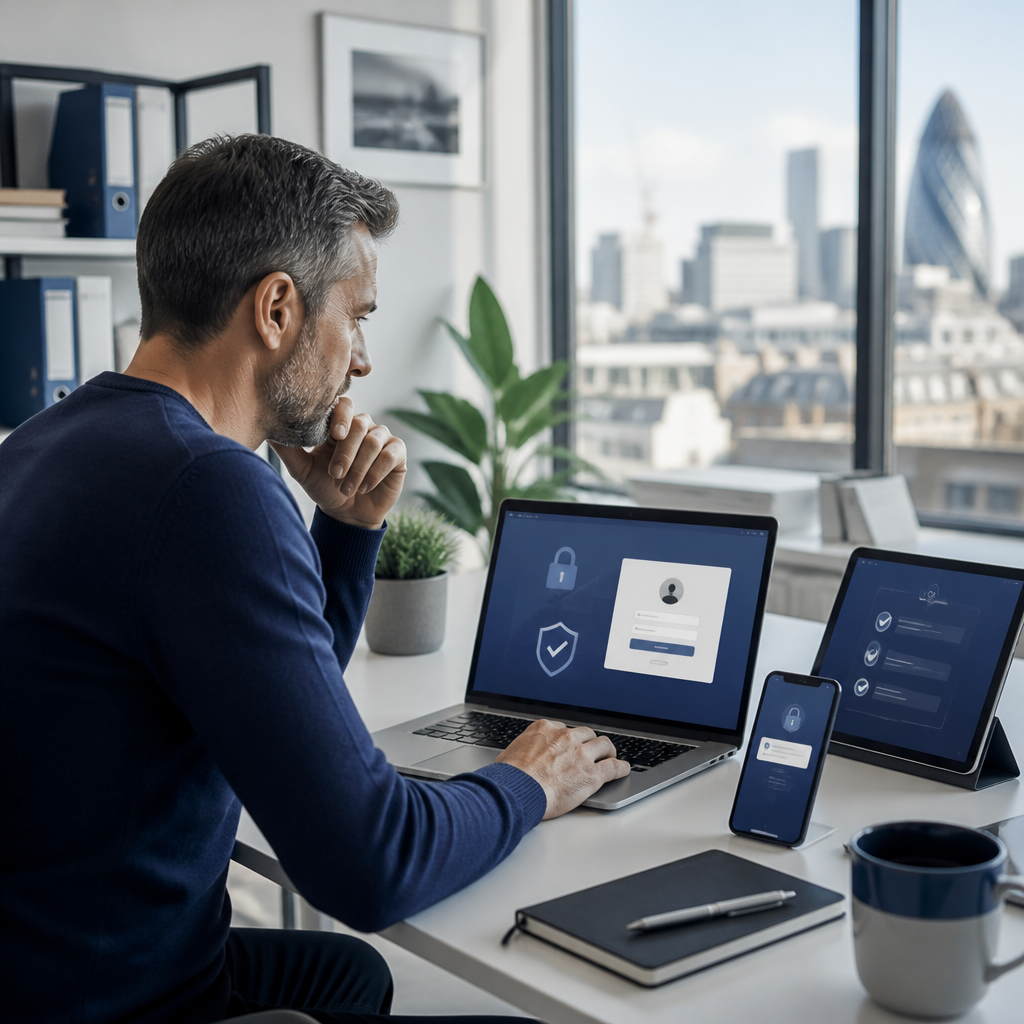 London business owner reviewing a zero trust security dashboard with identity verification on a laptop in an office.