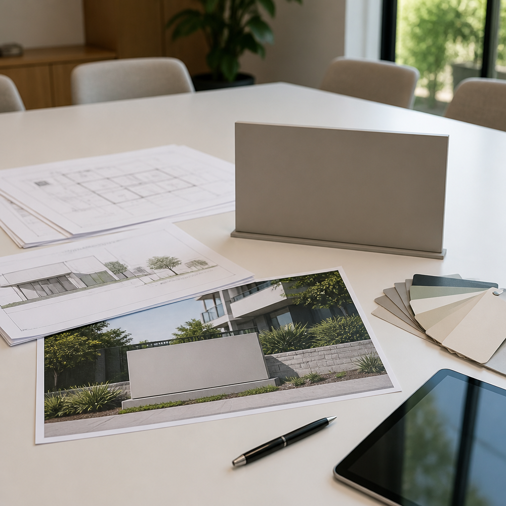 Signage design proposal and colour samples on a table during a body corporate approval review