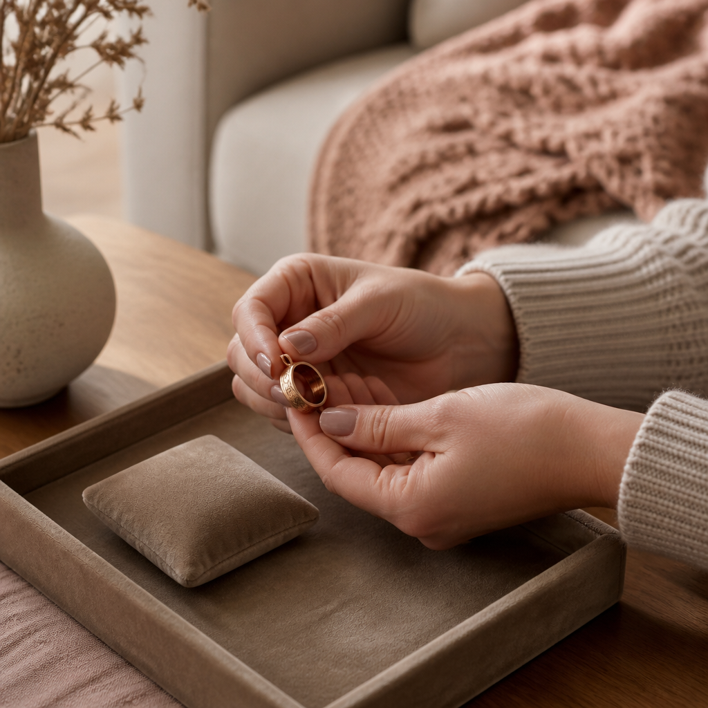 Hands holding a memorial keepsake ring above a velvet tray in a softly lit living room
