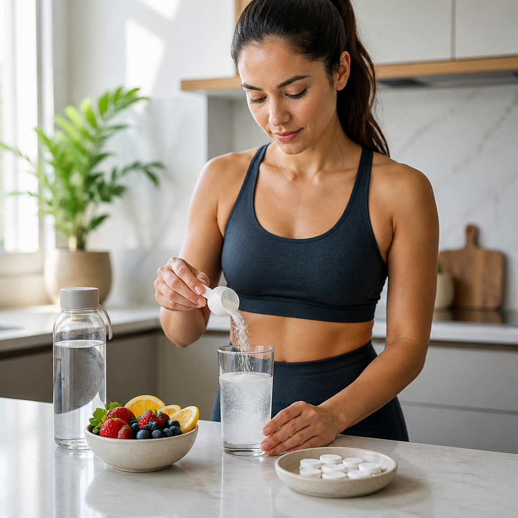 Active woman preparing a hydration drink with fresh fruit and plain supplement tablets on a bright kitchen counter.