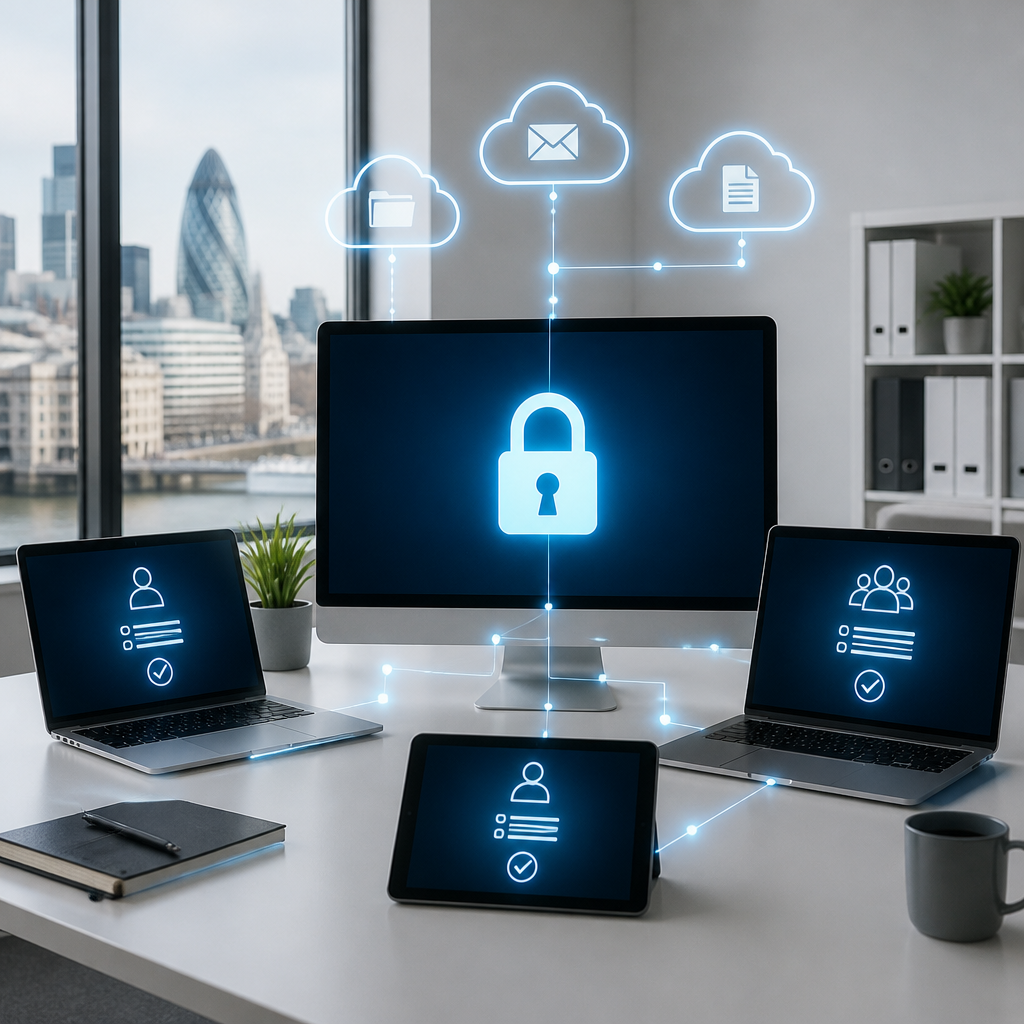 Laptops and tablets in a small London office with access control lines showing device verification for a business network.