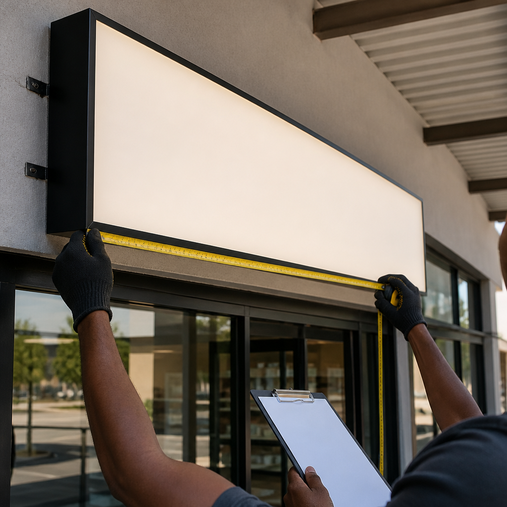 Installer measuring an LED-backlit sign panel at a retail unit in a Gauteng complex