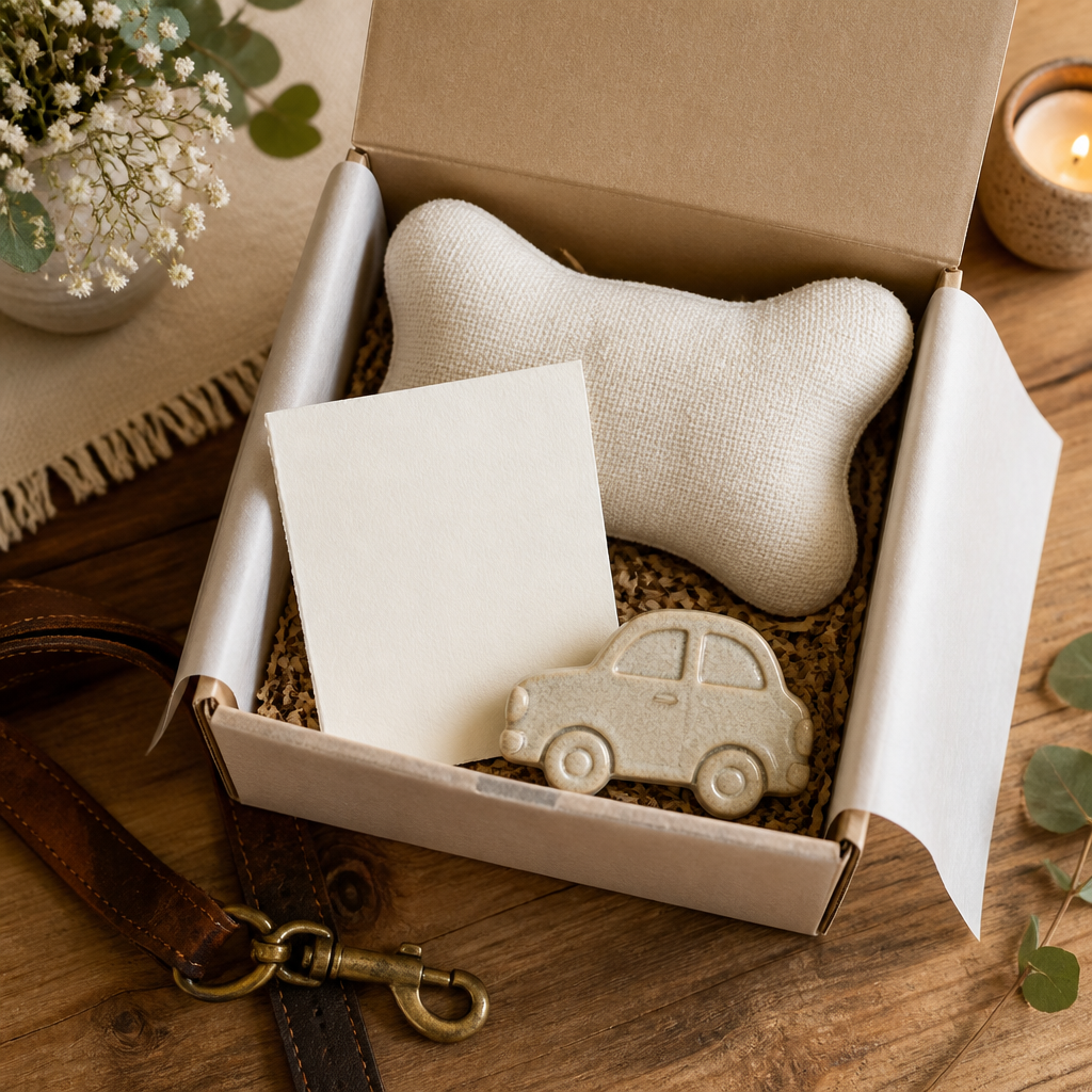 Open sympathy gift box with a memorial pillow, blank card, and ornament beside a worn pet leash