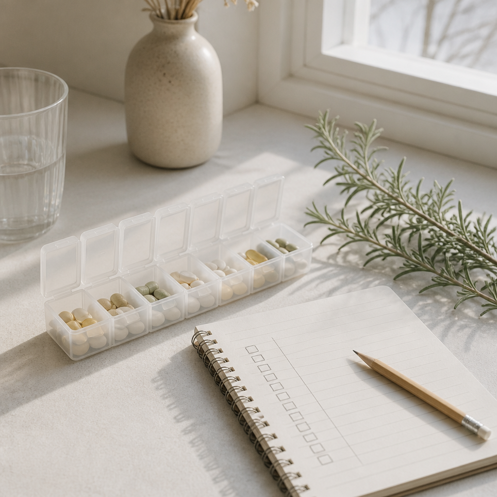 Weekly supplement organiser and checklist on a pale desk, representing a simple routine for covering vegan nutrient gaps.
