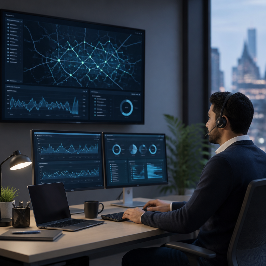 IT engineer monitoring network activity and security alerts on screens for a London SME managed IT service.