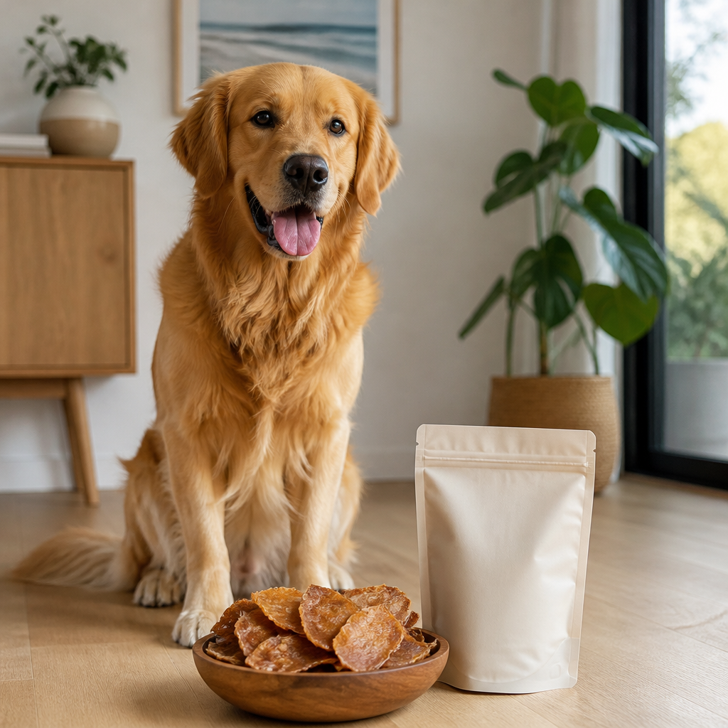 Glossy-coated golden retriever sitting beside a bowl of air-dried meat treat chips in a bright home.