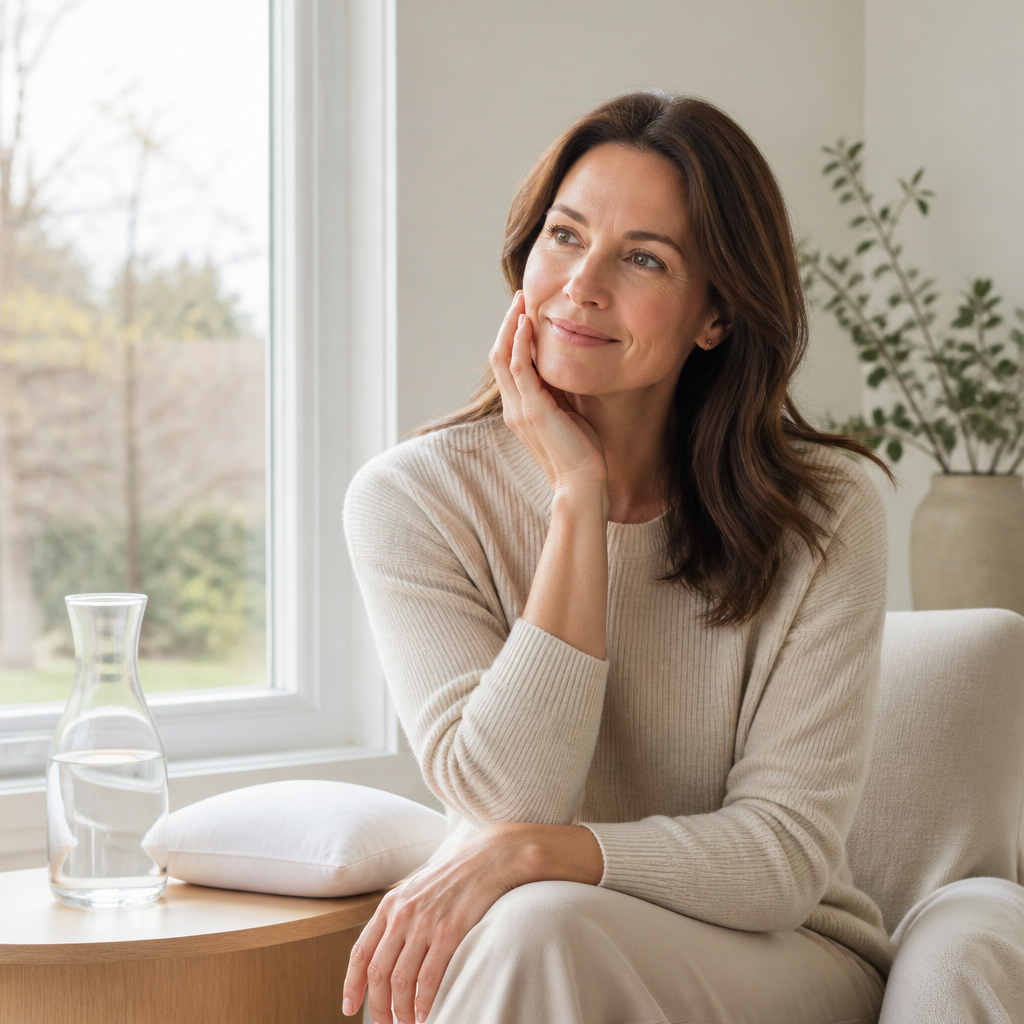 Woman in her 40s touching her cheek by a window, showing healthy, rested skin in a bright modern home