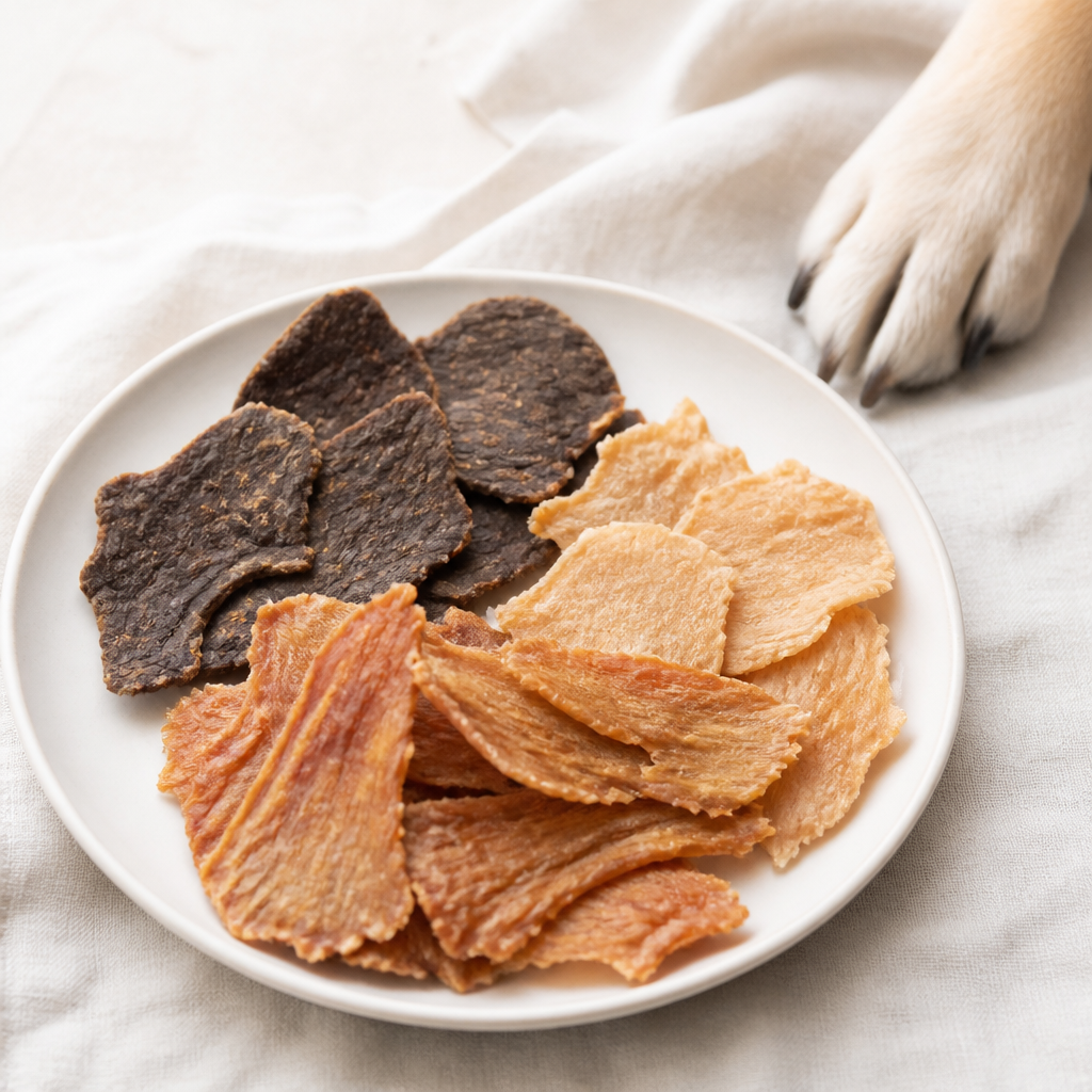 Close-up of air-dried beef, chicken and turkey dog treat chips on a white plate with natural texture.