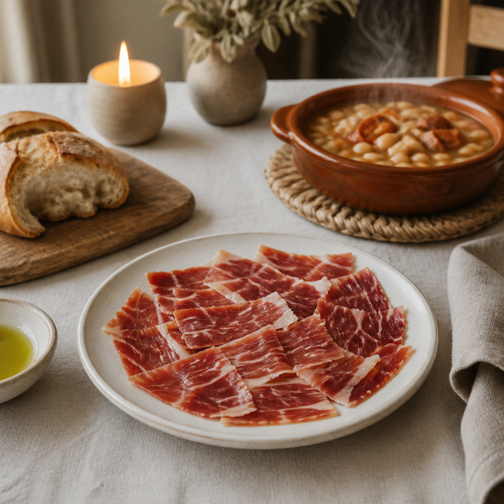 Plato de lonchas de ibérico junto a un cuenco de aceite de oliva y una cazuela de cuchara en mesa de invierno.