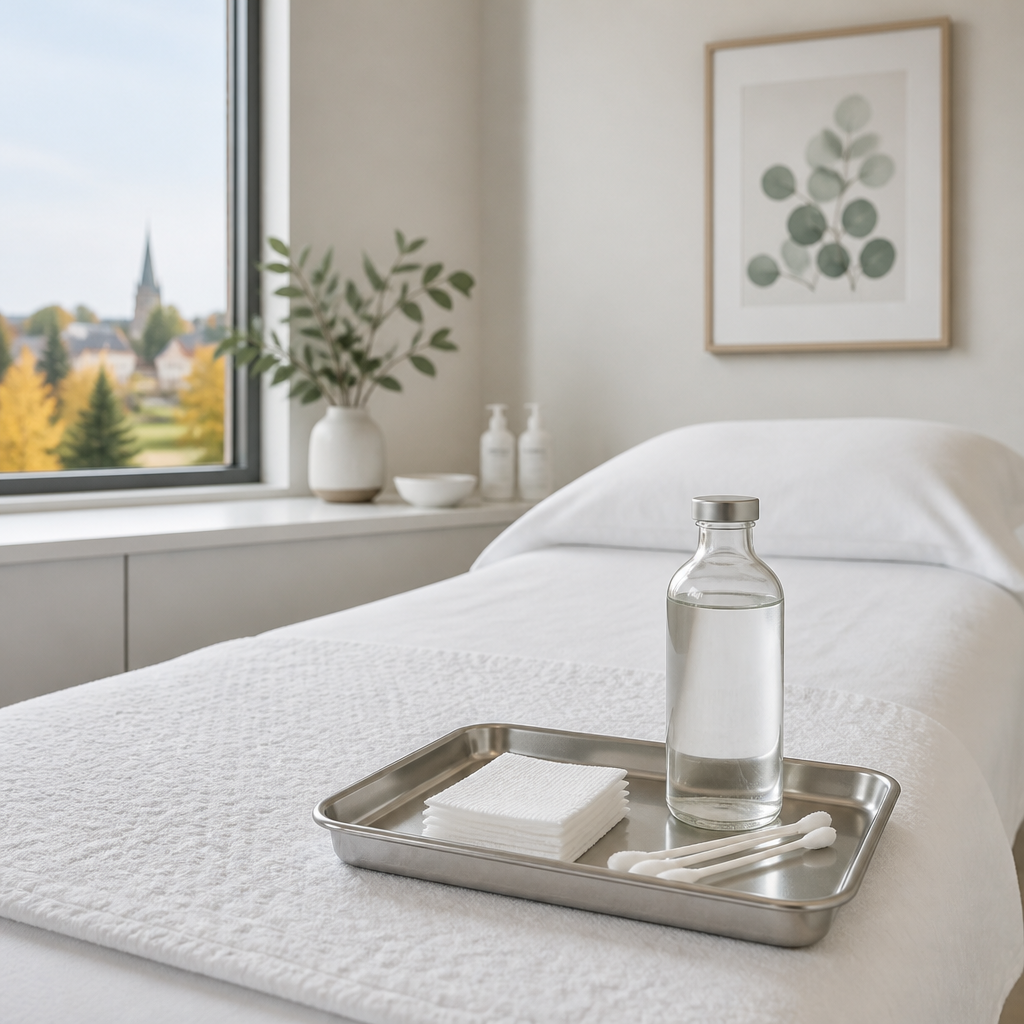 Bright medspa treatment room with a padded treatment bed, clean linens and tidy skincare tools